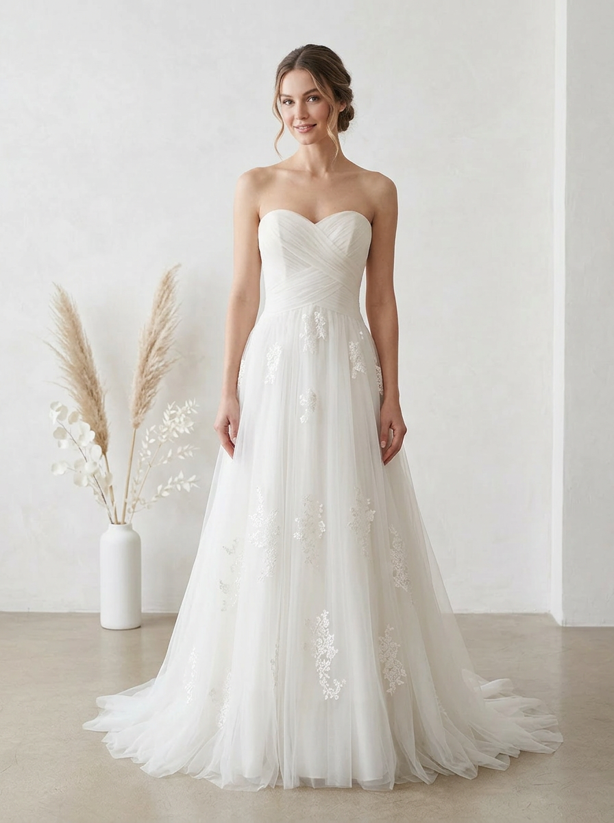 Ivory Strapless A-Line Tulle Corset Wedding Dress With Appliques